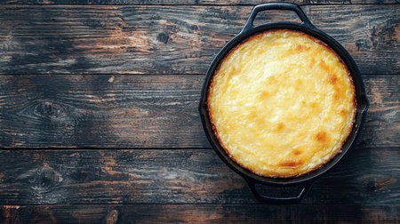A beautifully baked golden brown dish presented in a cast iron skillet on a rustic wooden table, perfect for showcasing comfort food in an inviting setting.の素材