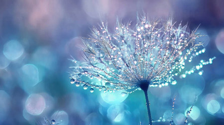 Explore the ethereal beauty of a dandelion seed adorned with dew drops, illuminated by soft pastel light, creating a serene and dreamy atmosphere.の素材
