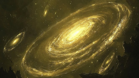 A mesmerizing spiral galaxy showcases golden swirls and distant stars, creating a breathtaking cosmic view that captivates the imagination.の素材