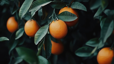 Discover the beauty of ripe oranges hanging from lush green branches, showcasing nature's bounty in a vibrant and inviting garden setting.の素材