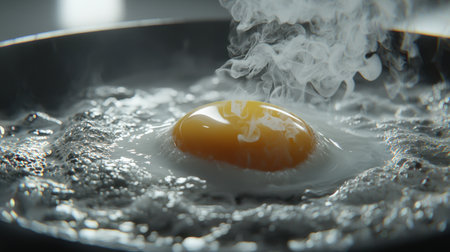 A close-up image of a fresh egg frying in a pan, showcasing steam rising and capturing the essence of culinary delights in the kitchen.の素材
