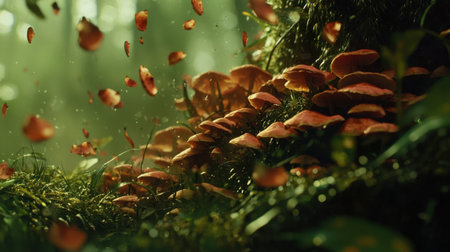 Discover a captivating forest scene filled with vibrant mushrooms and delicate petals dancing in the air, all set against a rich greenery backdrop.の素材
