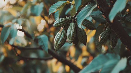This captivating image showcases fresh cacao pods hanging from a tree branch, surrounded by vibrant green leaves, highlighting the beauty of nature.の素材