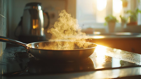 A captivating scene of steam rising from a stainless steel frying pan on a kitchen countertop, illuminated by warm sunlight. The cozy atmosphere evokes a sense of home and culinary art, perfect for cooking enthusiasts.の素材