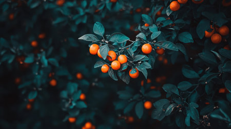 A serene scene featuring clusters of vibrant orange fruits nestled among dark green leaves, showcasing nature's beauty in detail. Ideal for themes of health and freshness.の素材