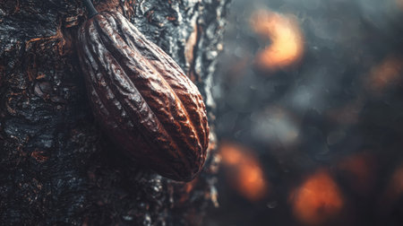 This captivating close-up image features a cacao pod nestled against the textured bark of a tree, showcasing the intricate details of nature.の素材