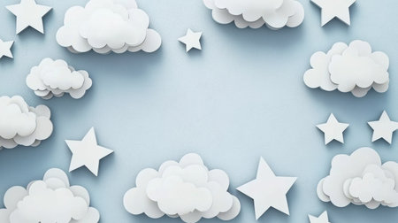 This image features soft white clouds and stars arranged on a light blue background, creating a dreamy and whimsical atmosphere ideal for various creative projects.の素材
