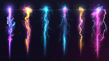 This collection showcases vibrant electric lightning bolt effects in various colors, perfect for enhancing dynamic graphic design and visual art projects.の素材