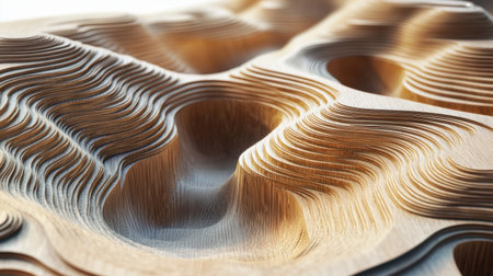 Detailed close-up of an abstract wood texture showcasing layered waves and curves illuminated by natural light, perfect for artistic designs and backgrounds.の素材