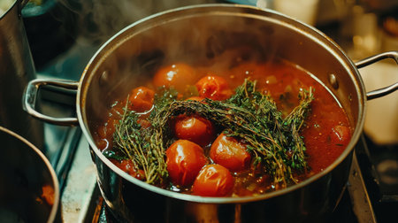 A vibrant scene of fresh tomatoes and herbs simmering in a pot, releasing rich aromas in a cozy kitchen. Perfect for cooking enthusiasts.の素材