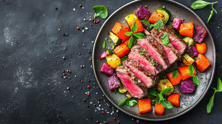 Juicy grilled steak plated with an array of vibrant roasted vegetables, showcasing a perfect blend of flavors and textures, ideal for fine dining.の素材