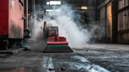 An industrial floor sweeper effectively cleans dust and debris in a dimly lit warehouse, surrounded by smoke, showcasing its powerful cleaning capabilities.の素材
