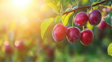 A captivating image showcasing ripe red plums hanging on a branch, illuminated by warm sunlight. Perfect for themes related to health, nature, and agriculture.の素材