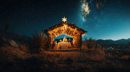 A serene nativity scene set against a breathtaking night sky filled with stars. The glowing decorations and tranquil setting enhance the holiday spirit.の素材