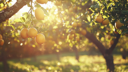 A serene orchard scene displays fresh oranges gleaming in the sunlight, surrounded by lush green trees, evoking a sense of tranquility and nature.の素材