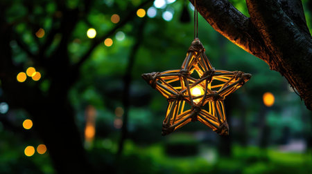 A beautiful star-shaped lantern hangs from a tree, casting a warm glow in a tranquil garden. The soft ambiance creates a serene atmosphere, perfect for relaxation or gatherings.の素材