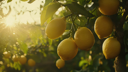 A beautiful scene of fresh ripe lemons hanging from a tree branch, illuminated by warm sunlight during golden hour, showcasing nature's bounty.の素材