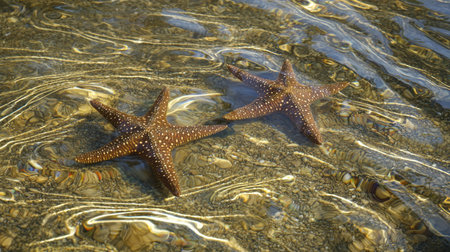 A serene scene featuring two brown starfish resting on a sandy ocean floor. The shimmering water reflections create a tranquil atmosphere, illustrating the beauty of marine life.の素材