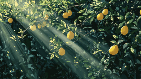 Sunlight streams through lush green leaves, illuminating ripe lemons on tree branches in a serene orchard setting, showcasing nature's bounty.の素材