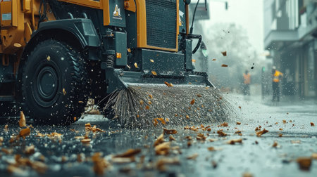 A close-up view of a street sweeper in action, clearing wet leaves from the pavement in a bustling urban area on a rainy day.の素材