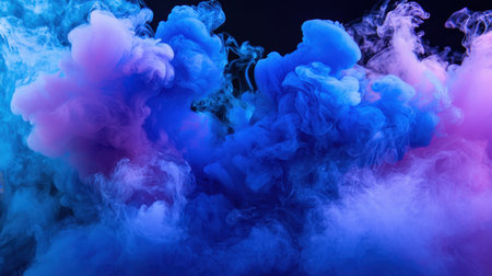 Colorful smoke in shades of blue and purple creates an enchanting abstract scene. The swirling patterns evoke a sense of drama and creativity.の素材