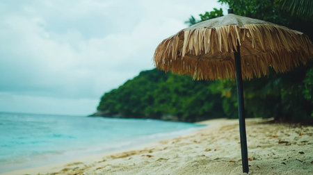 A peaceful beach scene featuring a palm frond umbrella, soft sand, and gentle ocean waves under a cloudy sky, inviting relaxation and escape.の素材