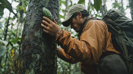 A man in a brown jacket explores a lush rainforest, gently touching the rough bark of a tree, symbolizing a deep connection to nature.の素材
