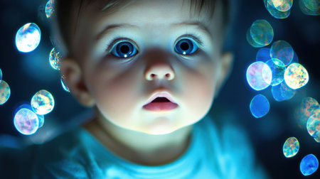 A captivating close-up portrait of a baby with big blue eyes, marveling at sparkling bubbles, set against a soft blue background.の素材