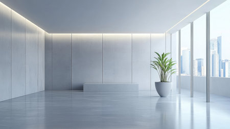 A spacious modern interior showcases sleek concrete walls and large windows that invite natural light, complemented by a green plant for a fresh touch.の素材