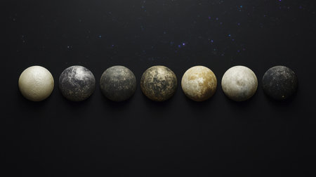 This artistic representation features seven distinct celestial bodies arranged in a line, showcasing varied textures and colors against a dark background, perfect for space-themed projects.の素材