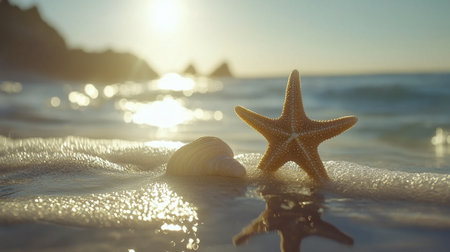 A stunning beach scene captures a starfish and seashell resting on wet sand, with gentle ocean waves softly lapping at the shore during sunrise.の素材