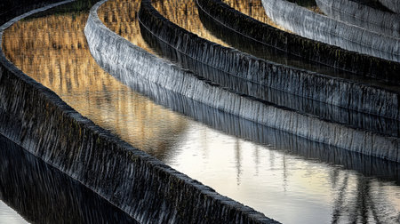 This artistic image showcases curved textures in water reflecting the beauty of nature, creating a serene and tranquil atmosphere at dusk.の素材