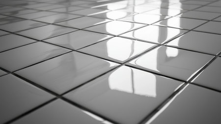A stunning view of a glossy white ceramic tile floor, showcasing reflections and light, perfect for modern interior design concepts and inspiration.の素材