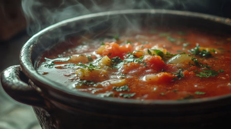 Experience the warmth of freshly made vegetarian tomato soup, served in a rustic pot, garnished with vibrant herbs and steam wafting above.の素材