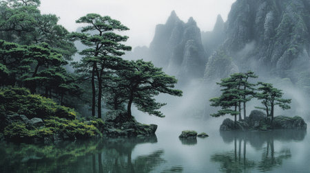 This enchanting landscape features mist-shrouded mountains, lush pine trees, and tranquil water, creating a perfect serene scene for nature lovers.の素材