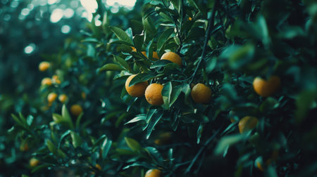 A serene view of a lush orange tree filled with ripe fruits, captured in a tranquil garden setting under soft morning light, inviting a sense of freshness.の素材