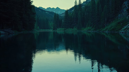 A peaceful dusk scene showcasing a pristine mountain lake with stunning reflections, surrounded by dense pine forest and majestic peaks in the background.の素材