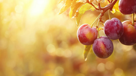 A stunning close-up of plums hanging from a branch, illuminated by soft sunlight, creating a warm atmosphere in a summer orchard.の素材