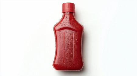 A bright red plastic bottle of ketchup glistens with water droplets, isolated on a clean white background. Perfect for food-related projects.の素材