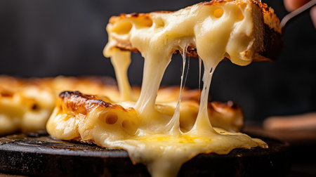 Experience the mouthwatering spectacle of gooey, melted cheese being pulled from freshly baked bread, perfect for culinary enthusiasts.の素材