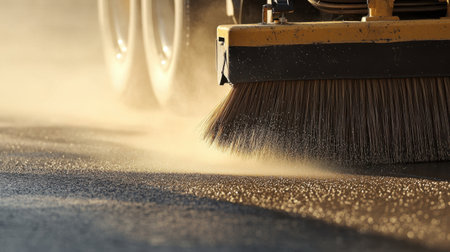 A close-up view of a street sweeper's brush as it cleans an urban road. Dust and debris swirl in the sunlight, showcasing efficient street maintenance.の素材
