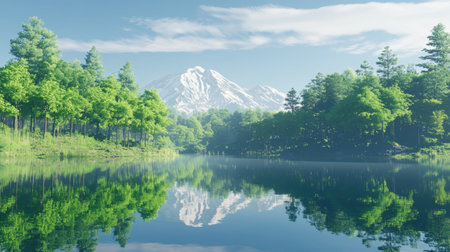 This stunning landscape captures a peaceful mountain scene, with lush green trees surrounding a calm lake reflecting the beauty of nature.の素材