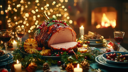 A beautifully arranged holiday ham takes center stage on a festive table adorned with candles, pine cones, and sparkling decorations, perfect for winter gatherings.の素材