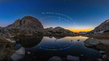 A stunning panorama capturing a tranquil mountain lake under a starry sky, showcasing illuminated trails of stars over serene waters at dawn.の素材