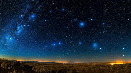 Breathtaking view of a star-filled sky above a serene desert landscape, showcasing the Milky Way and twinkling stars in a peaceful atmosphere.の素材