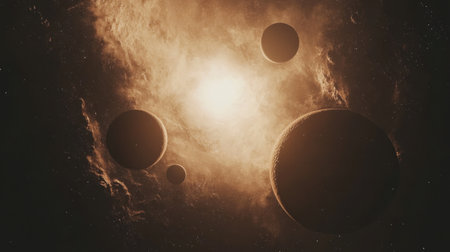 A stunning cosmic scene featuring multiple planets and a bright star in a dark space setting, perfect for exploring astronomical themes and wonders.の素材