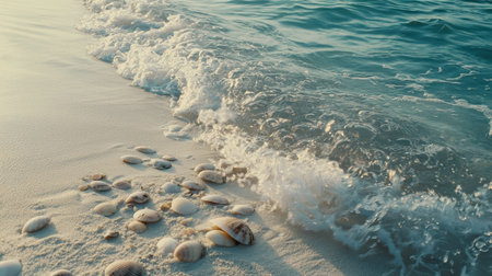 Experience the calming beauty of a sunlit beach where gentle waves kiss the shore, showcasing a collection of unique seashells scattered on soft sand.の素材