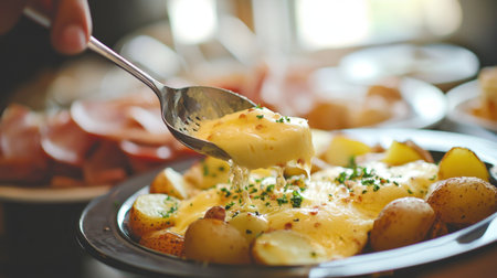 Indulge in a mouthwatering dish of cheesy baked potatoes topped with fresh herbs, served alongside delicious sliced ham in a cozy restaurant atmosphere.の素材