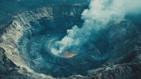 Stunning aerial view showcasing an active volcano crater, with vibrant lava and dramatic smoke, highlighting the extraordinary power of nature.の素材