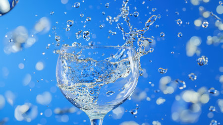This vibrant image captures the dynamic splash of water in a clear glass against a bright blue backdrop, evoking feelings of refreshment and celebration.の素材